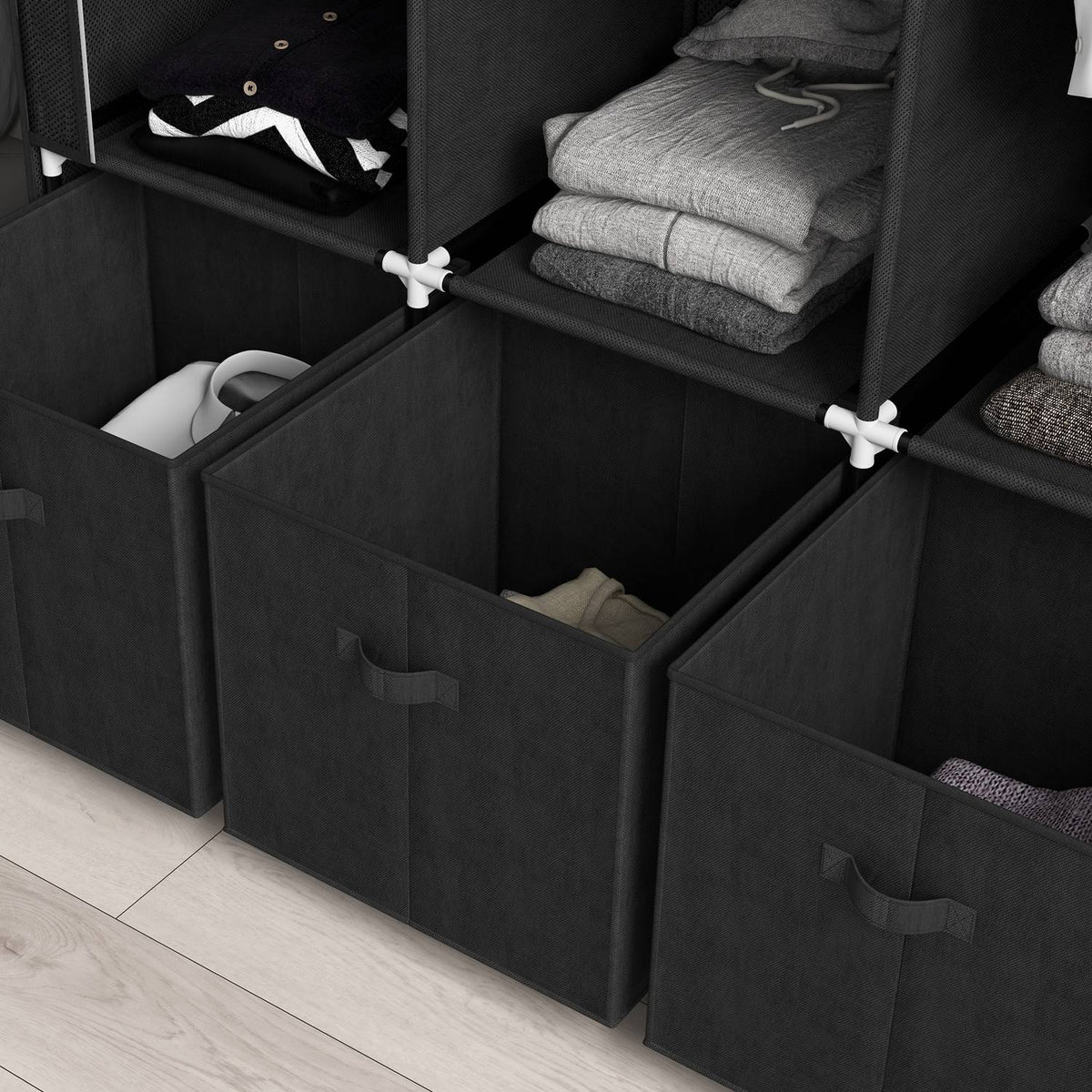 Fabric Closet Wardrobe With Clothes Rails And Drawers, Folding Cabinet, Zipper, Non-Woven Fabric, Black