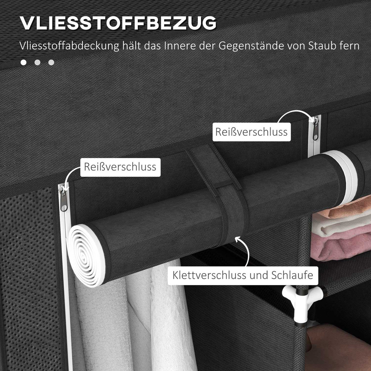Fabric Closet Wardrobe With Clothes Rails And Drawers, Folding Cabinet, Zipper, Non-Woven Fabric, Black