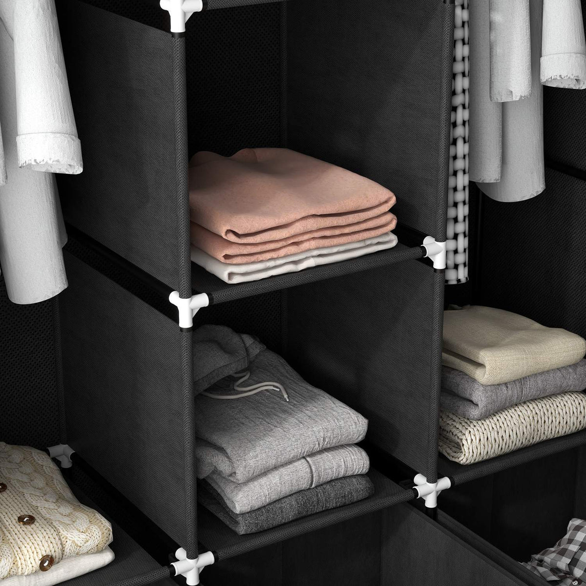 Fabric Closet Wardrobe With Clothes Rails And Drawers, Folding Cabinet, Zipper, Non-Woven Fabric, Black