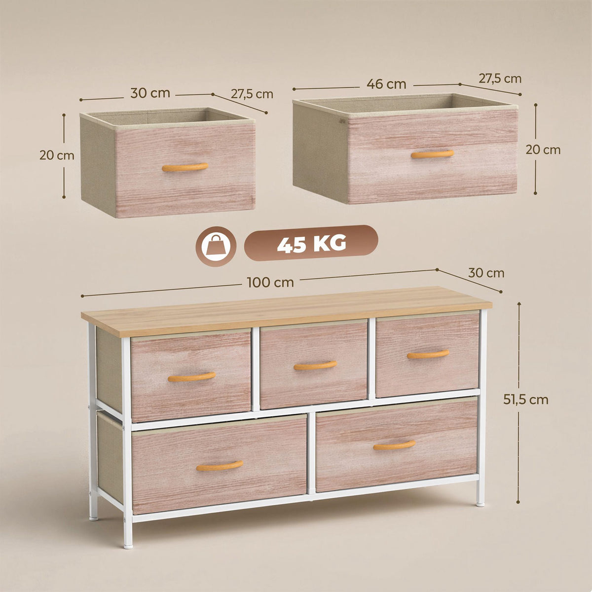 Fabric Dresser with 5 Drawers, Metal Frame, Wood Top