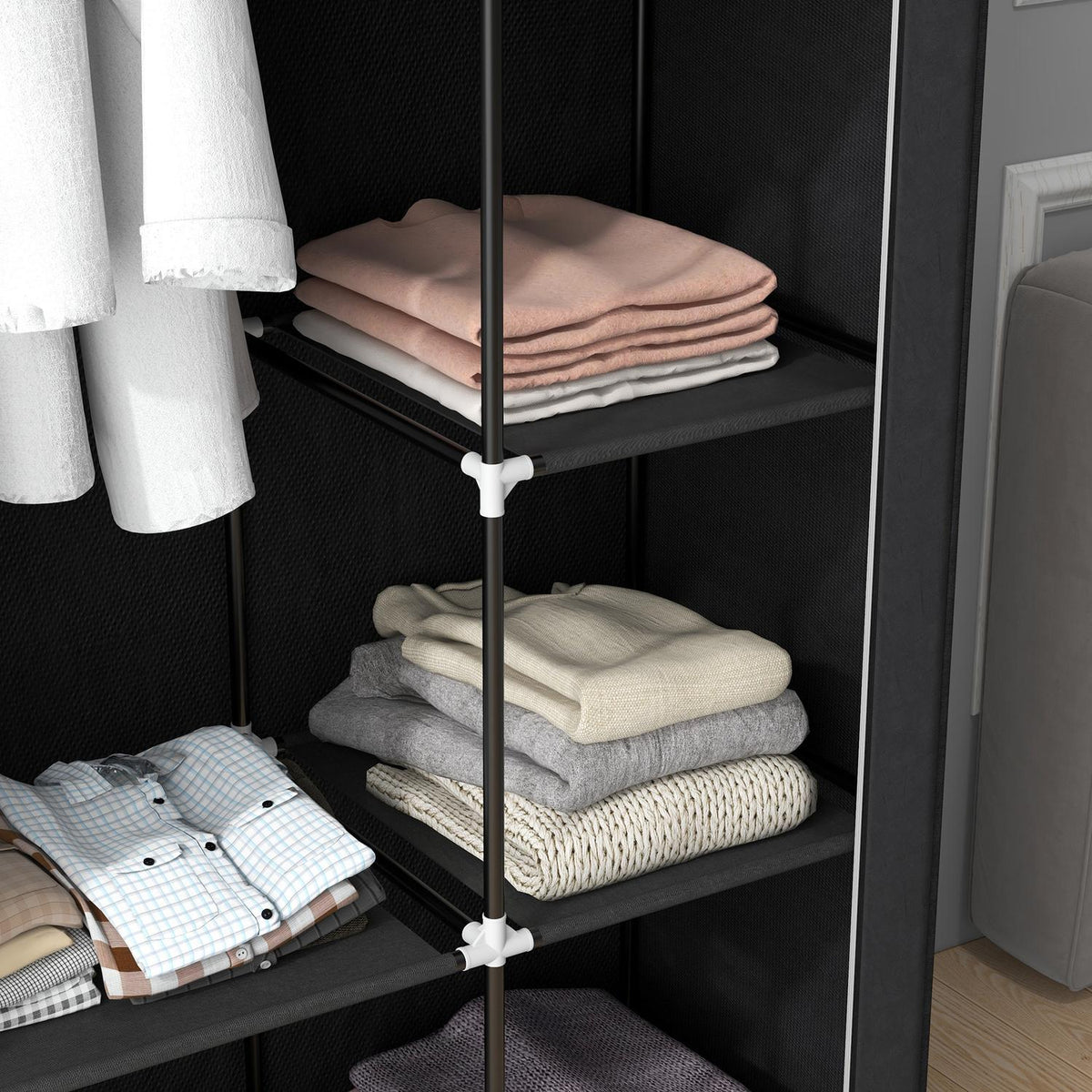 Fabric Wardrobe 6 Compartments Fleece Look Folding Wardrobe Black 103X43X162.5Cm