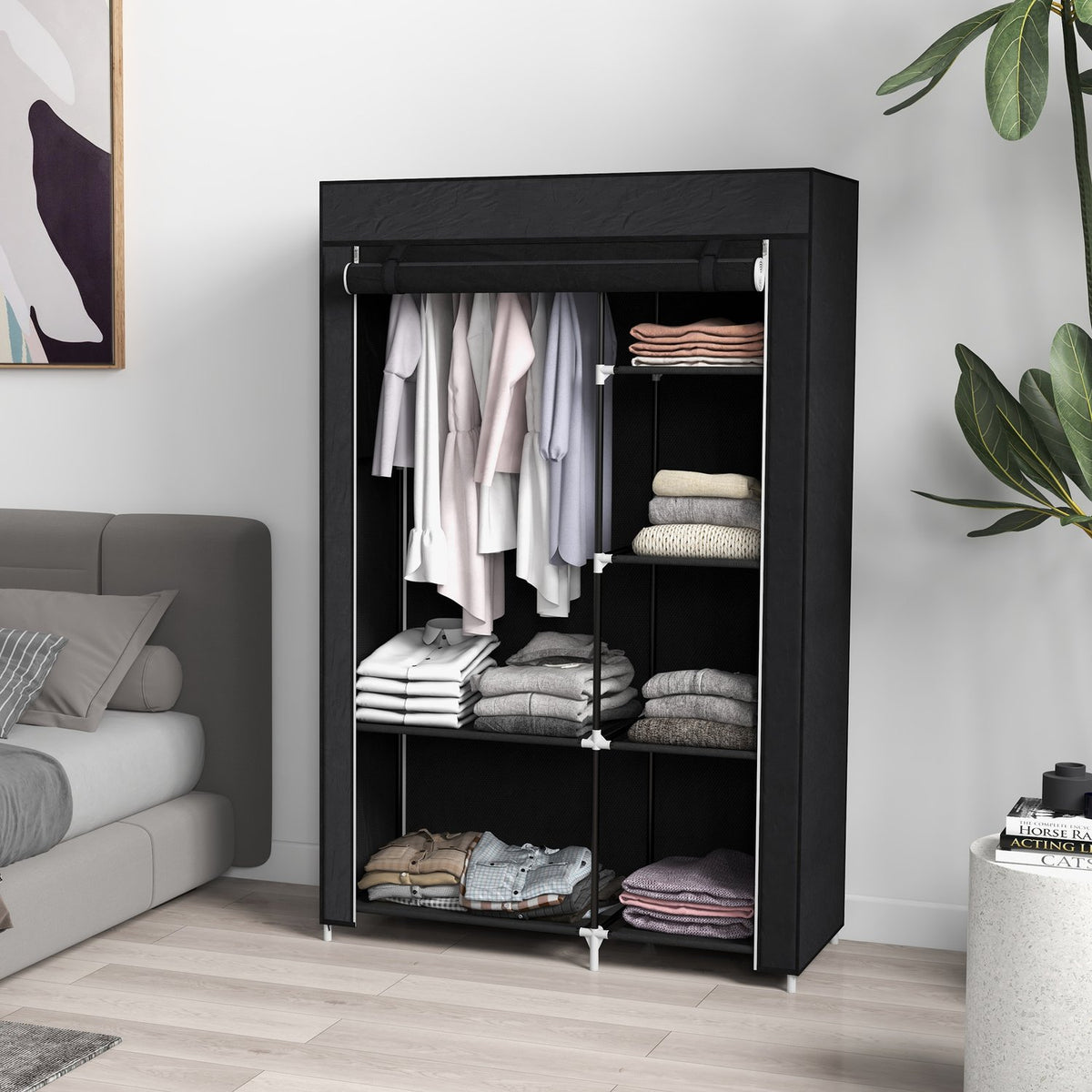 Fabric Wardrobe 6 Compartments Fleece Look Folding Wardrobe Black 103X43X162.5Cm