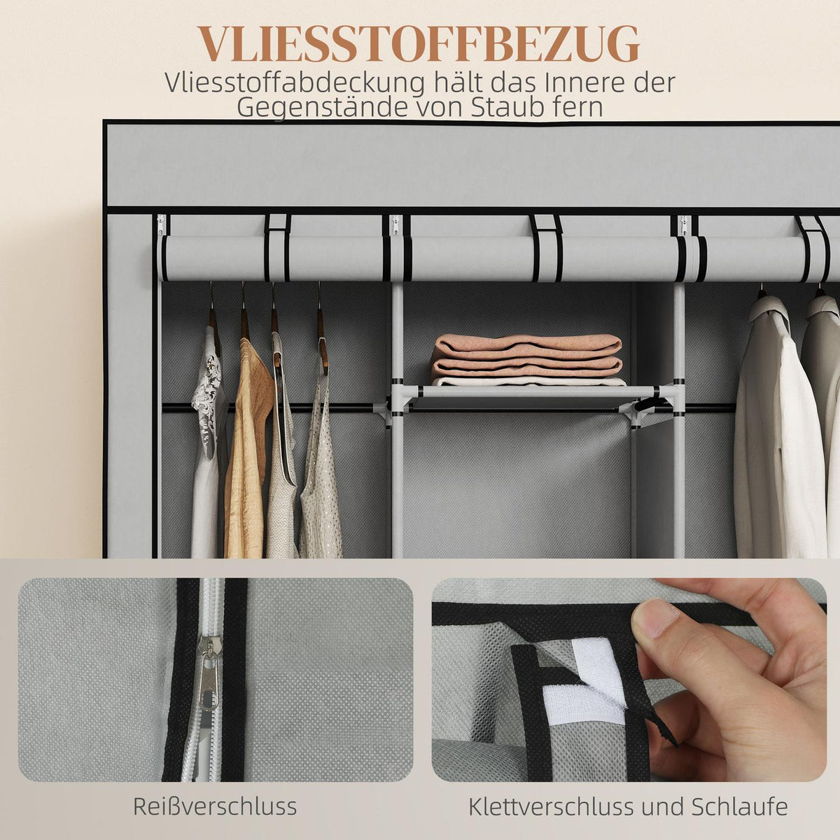 Fabric Wardrobe, 8 Shelves, 2 Hanging Rods, Gray