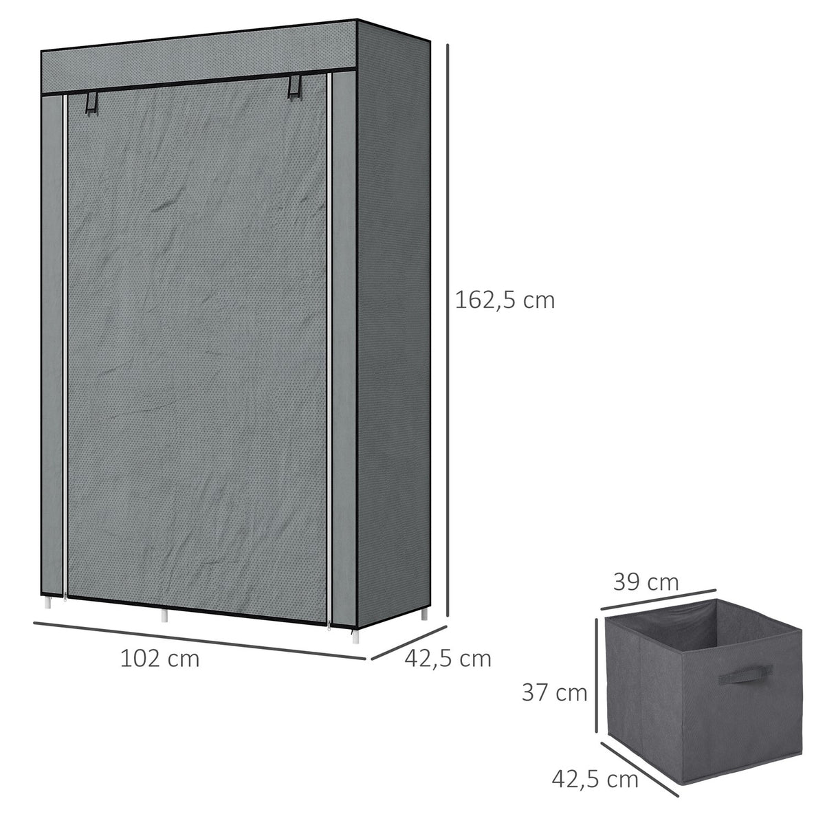 Fabric Wardrobe, Folding Cabinet With Drawers And Clothes Rail, Zip, Wardrobe, Non-Woven Fabric, Dark Grey