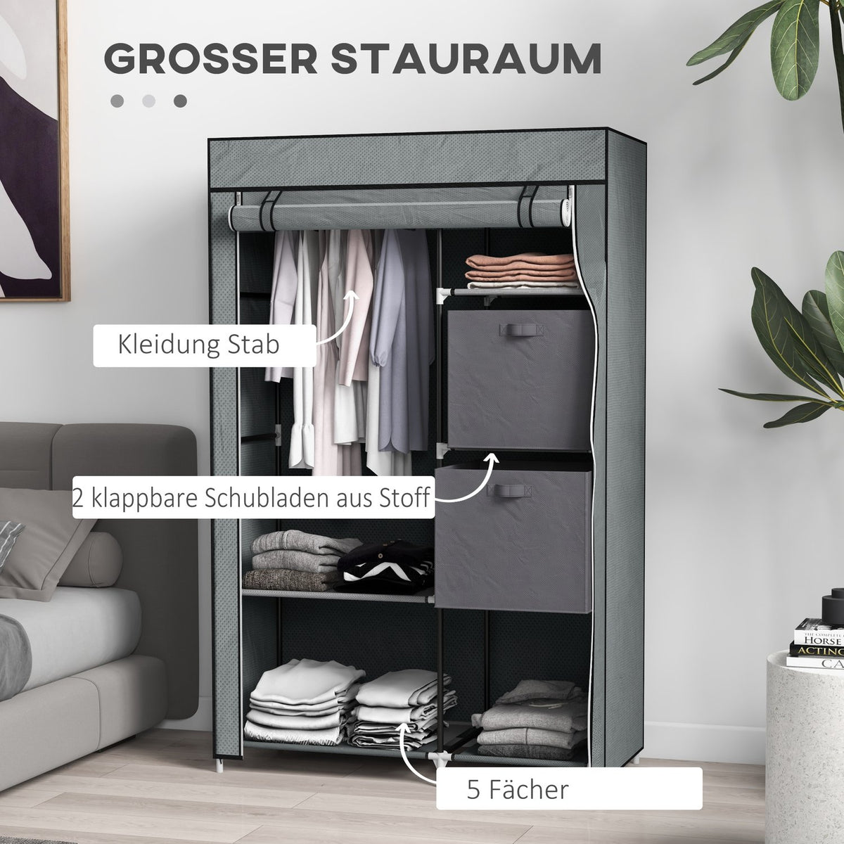 Fabric Wardrobe, Folding Cabinet With Drawers And Clothes Rail, Zip, Wardrobe, Non-Woven Fabric, Dark Grey