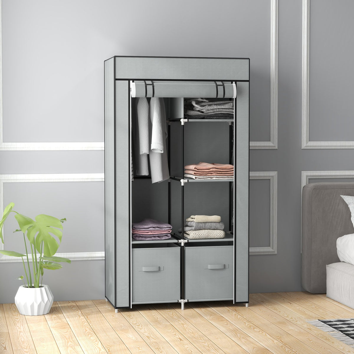 Fabric Wardrobe, Space-Saving Wardrobe With 5 Compartments And Clothes Rail, Zip, Folding Wardrobe, Light Grey