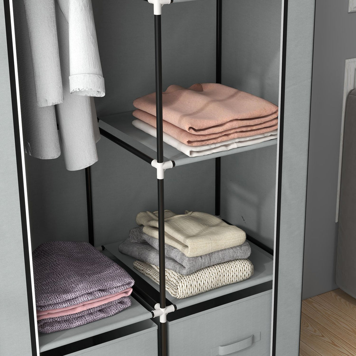 Fabric Wardrobe, Space-Saving Wardrobe With 5 Compartments And Clothes Rail, Zip, Folding Wardrobe, Light Grey