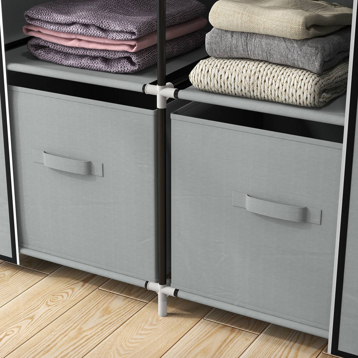 Fabric Wardrobe, Space-Saving Wardrobe With 5 Compartments And Clothes Rail, Zip, Folding Wardrobe, Light Grey