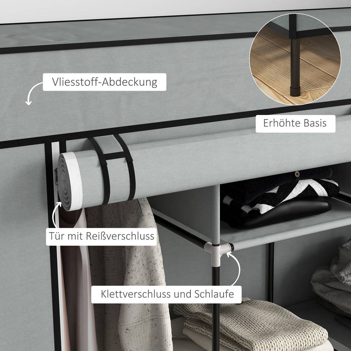 Fabric Wardrobe With Clothes Rail, 10 Compartments, 4 Drawers, Wardrobe In Fleece Look, Dark Grey