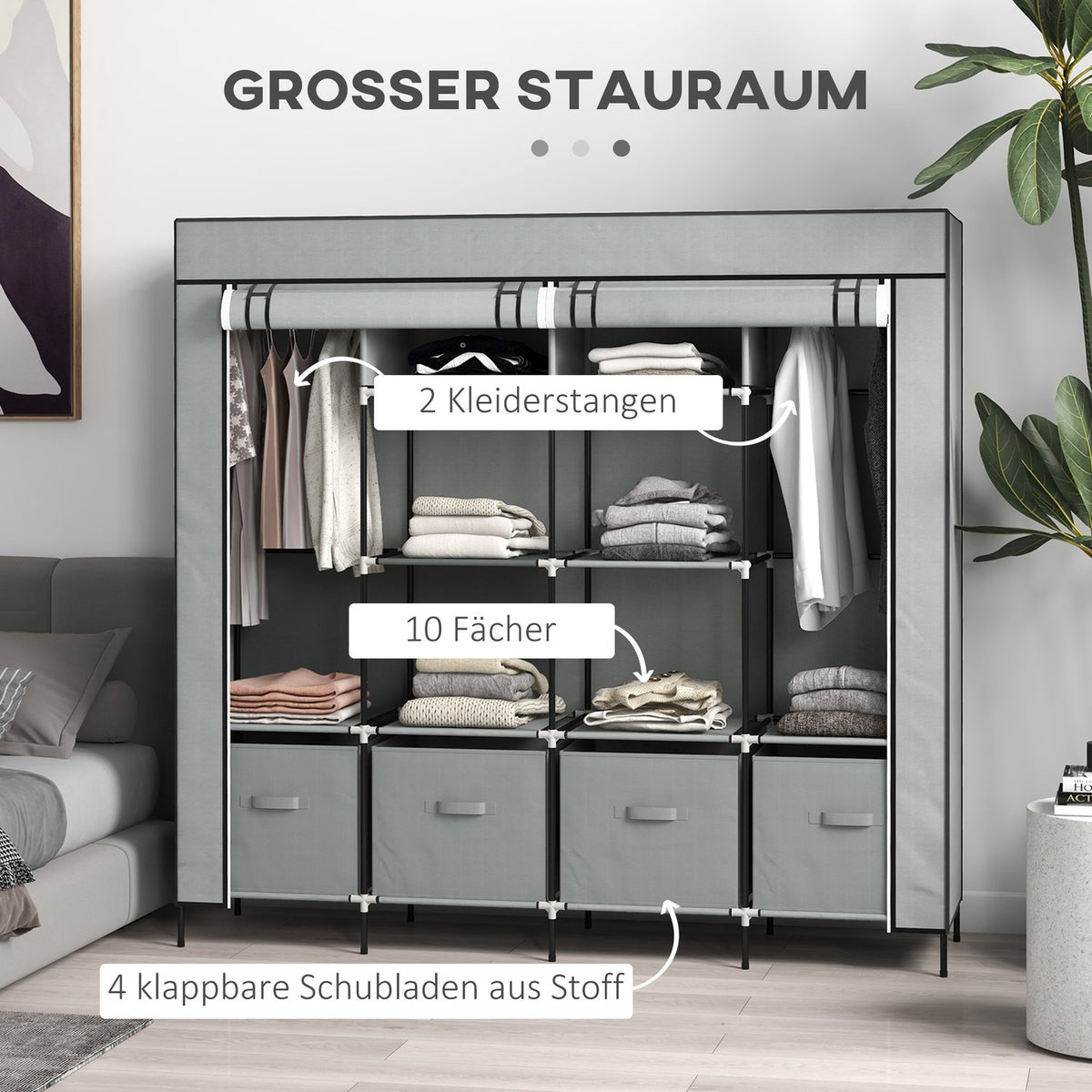 Fabric Wardrobe With Clothes Rail, 10 Compartments, 4 Drawers, Wardrobe In Fleece Look, Dark Grey