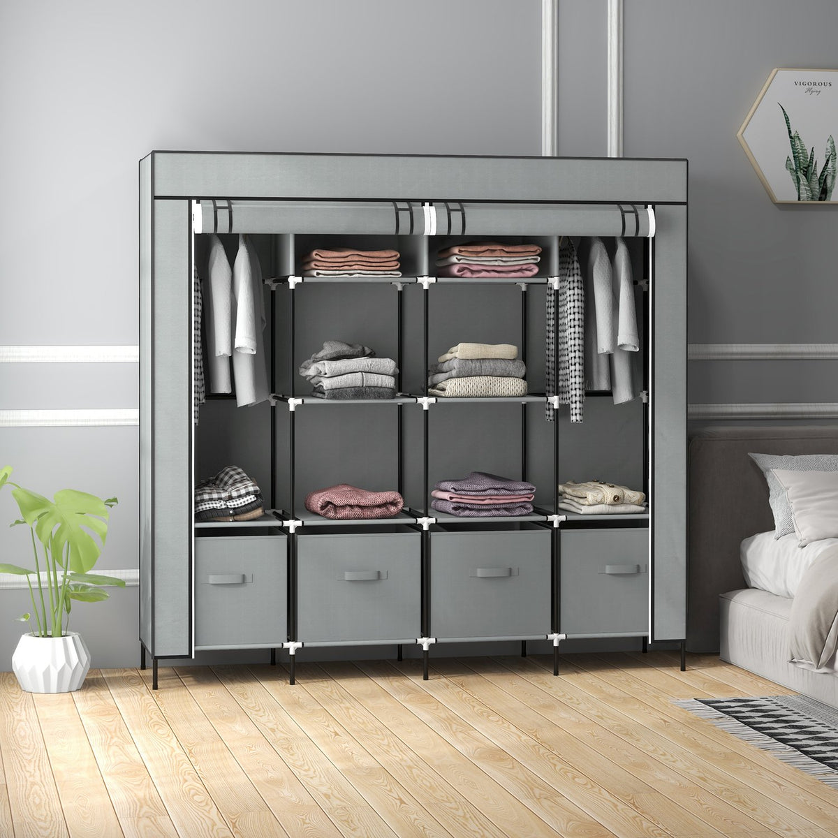 Fabric Wardrobe With Clothes Rail, 10 Compartments, 4 Drawers, Wardrobe In Fleece Look, Dark Grey
