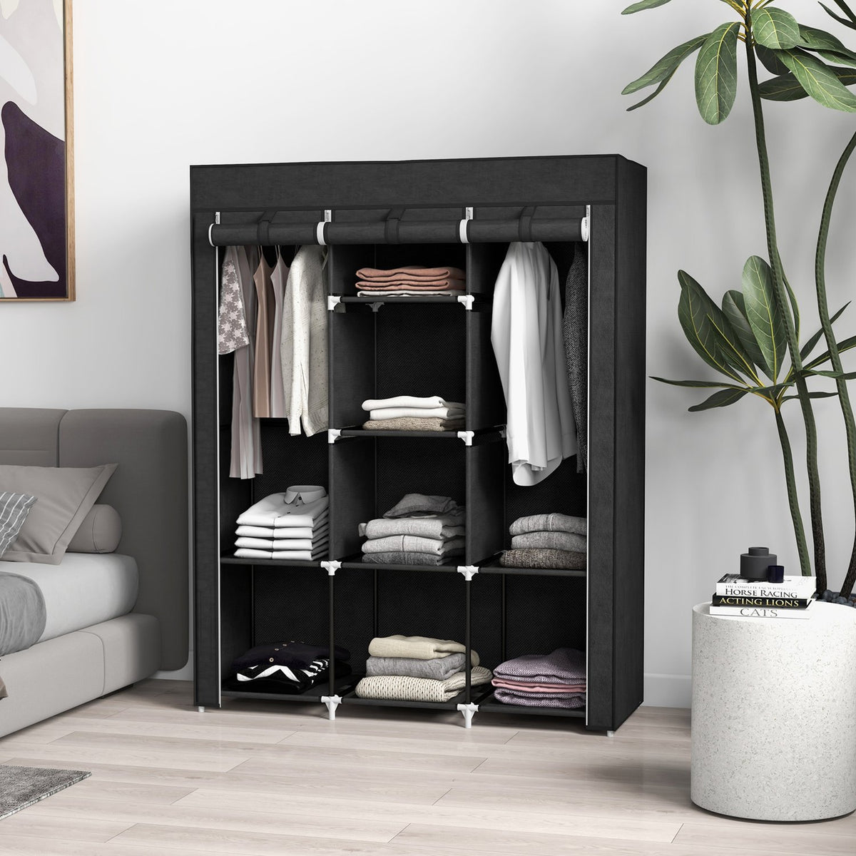 Fabric Wardrobe With Clothes Rail, 8 Levels, Light Gray, 125X43X162.5Cm, Space-Saving Folding Cabinet For Hallway