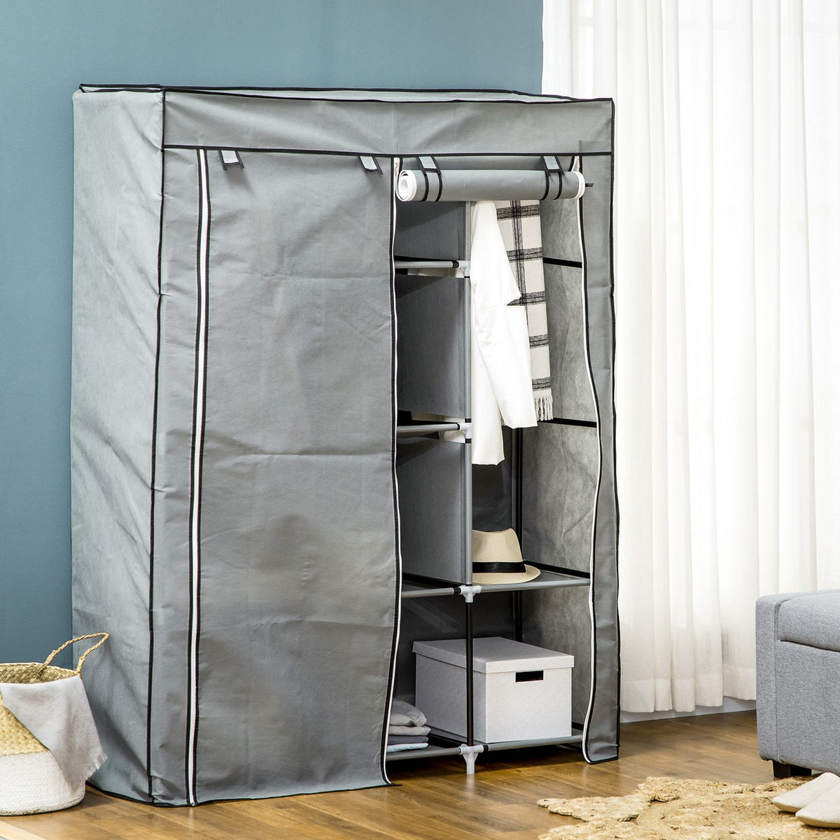 Fabric Wardrobe With Clothes Rails, 8 Levels, Light Gray, Foldable Wardrobe For Bedroom & Hallway