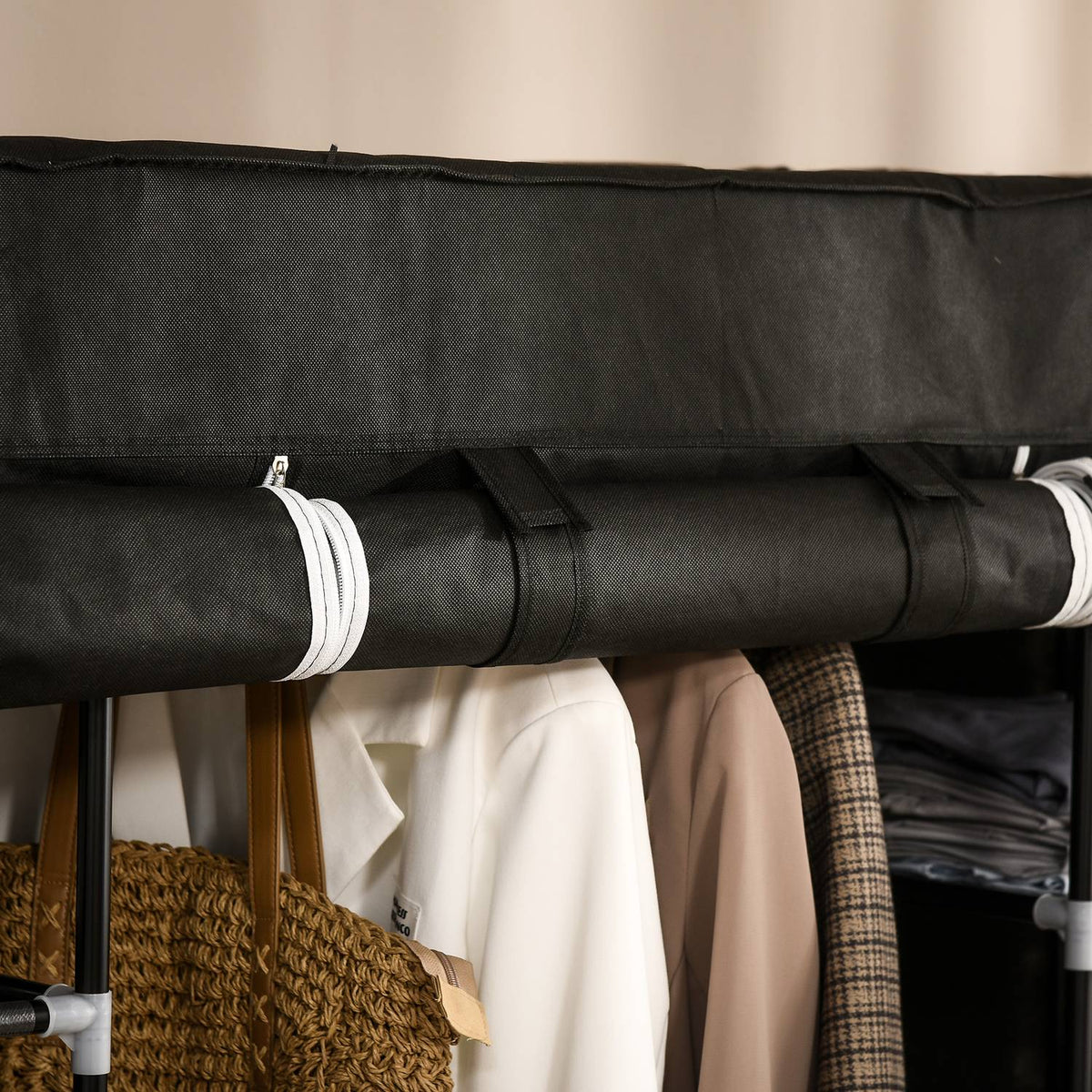 Fabric Wardrobe With Zipper, 1 Clothes Rail, 10 Shelves, 150X43X162.5Cm, Non-Woven Fabric