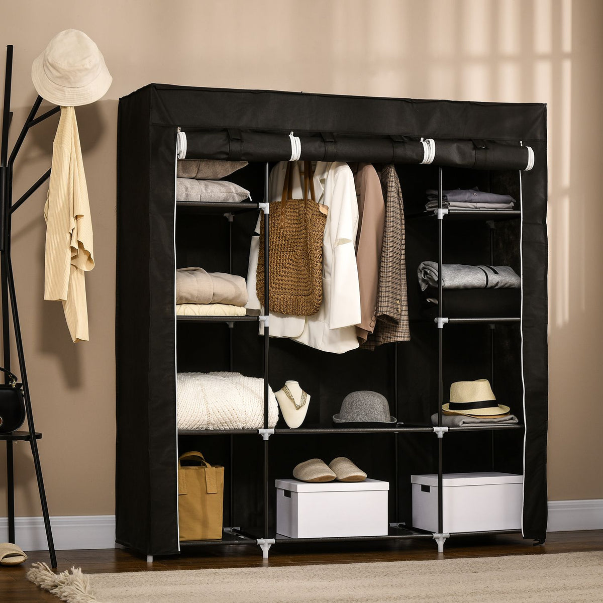 Fabric Wardrobe With Zipper, 1 Clothes Rail, 10 Shelves, 150X43X162.5Cm, Non-Woven Fabric