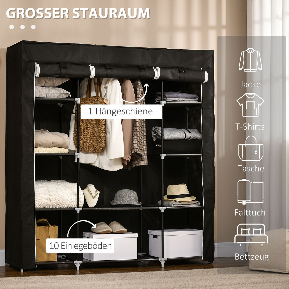 Fabric Wardrobe With Zipper, 1 Clothes Rail, 10 Shelves, 150X43X162.5Cm, Non-Woven Fabric