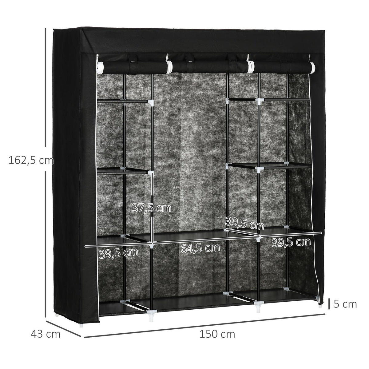 Fabric Wardrobe With Zipper, 1 Clothes Rail, 10 Shelves, 150X43X162.5Cm, Non-Woven Fabric