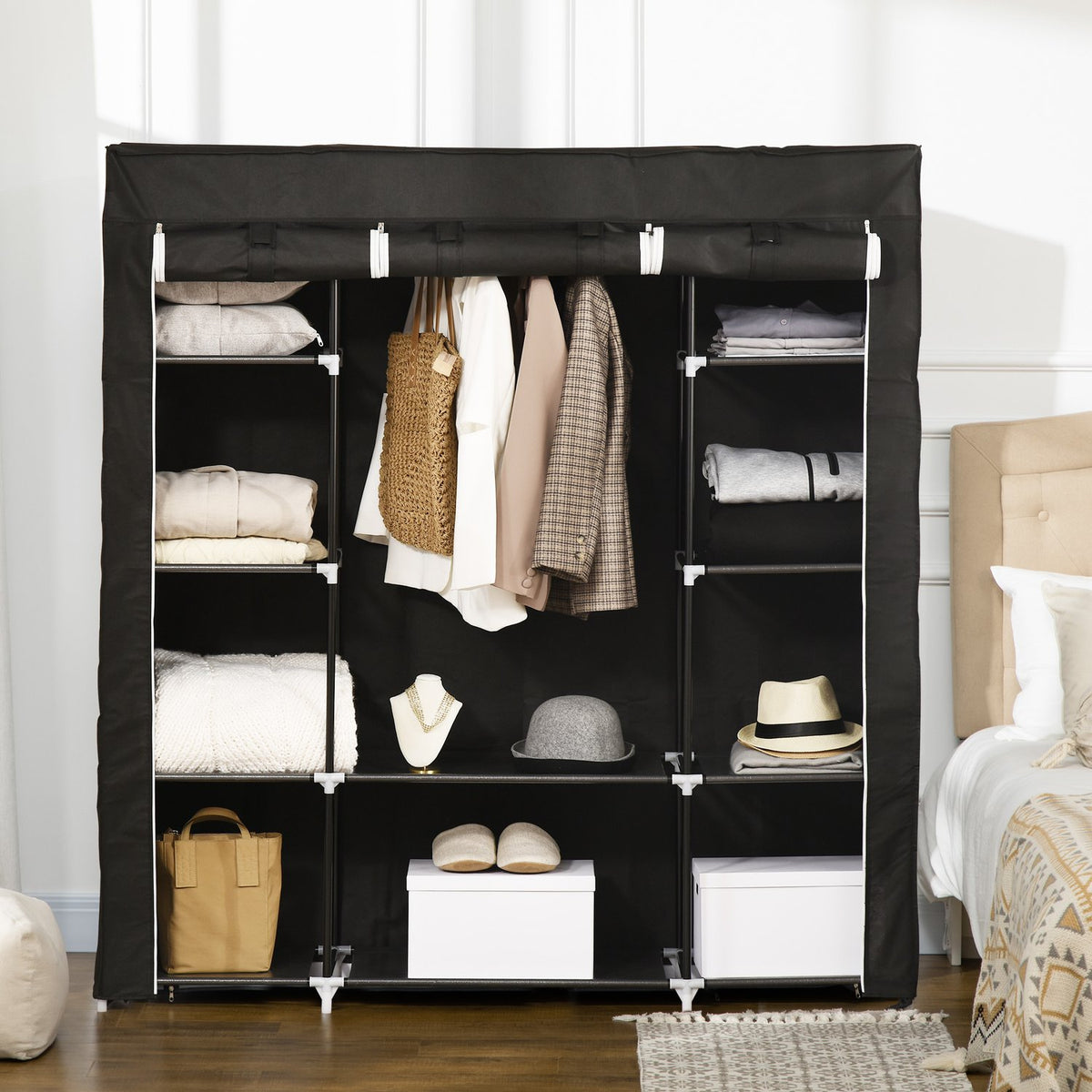 Fabric Wardrobe With Zipper, 1 Clothes Rail, 10 Shelves, 150X43X162.5Cm, Non-Woven Fabric