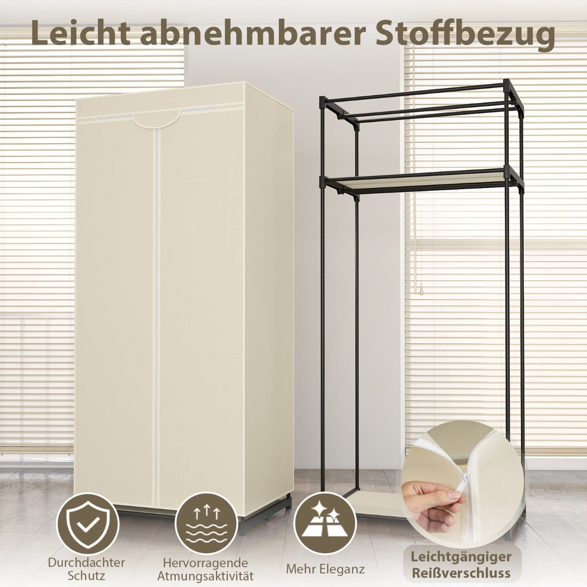 Fabric Wardrobe with Rod & Shelves, Beige, 75x50x170 cm