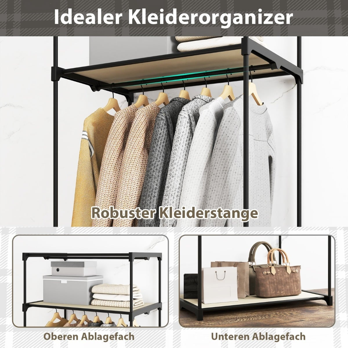 Fabric Wardrobe with Rod & Shelves, Beige, 75x50x170 cm