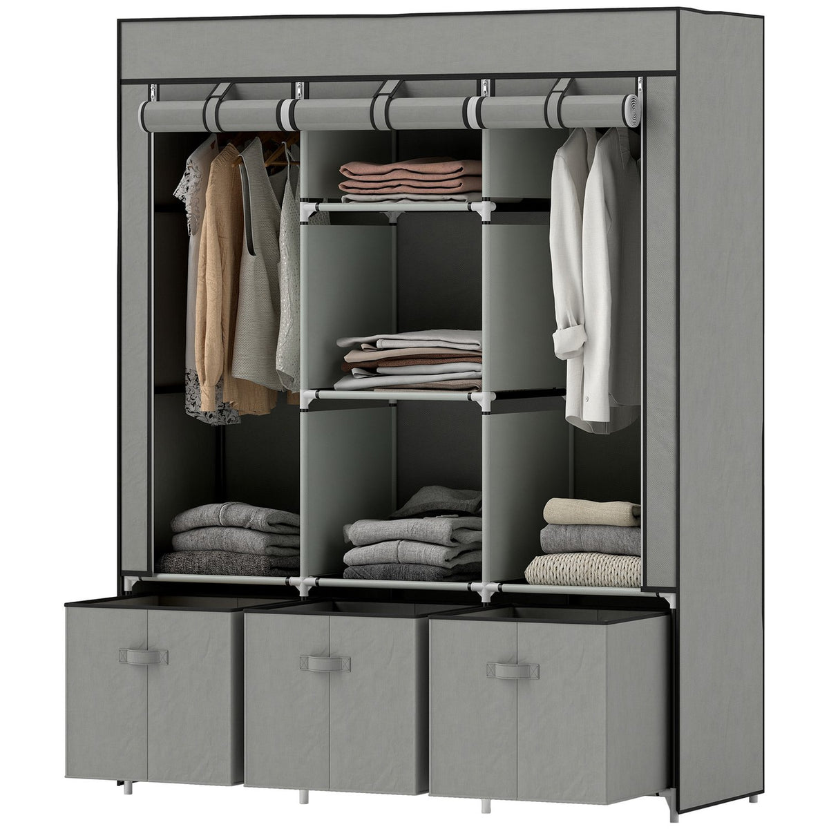 Fabric wardrobe made of fleece, folding wardrobe, including 3 drawers, 125 cm x 43 cm x 162.5 cm, light grey