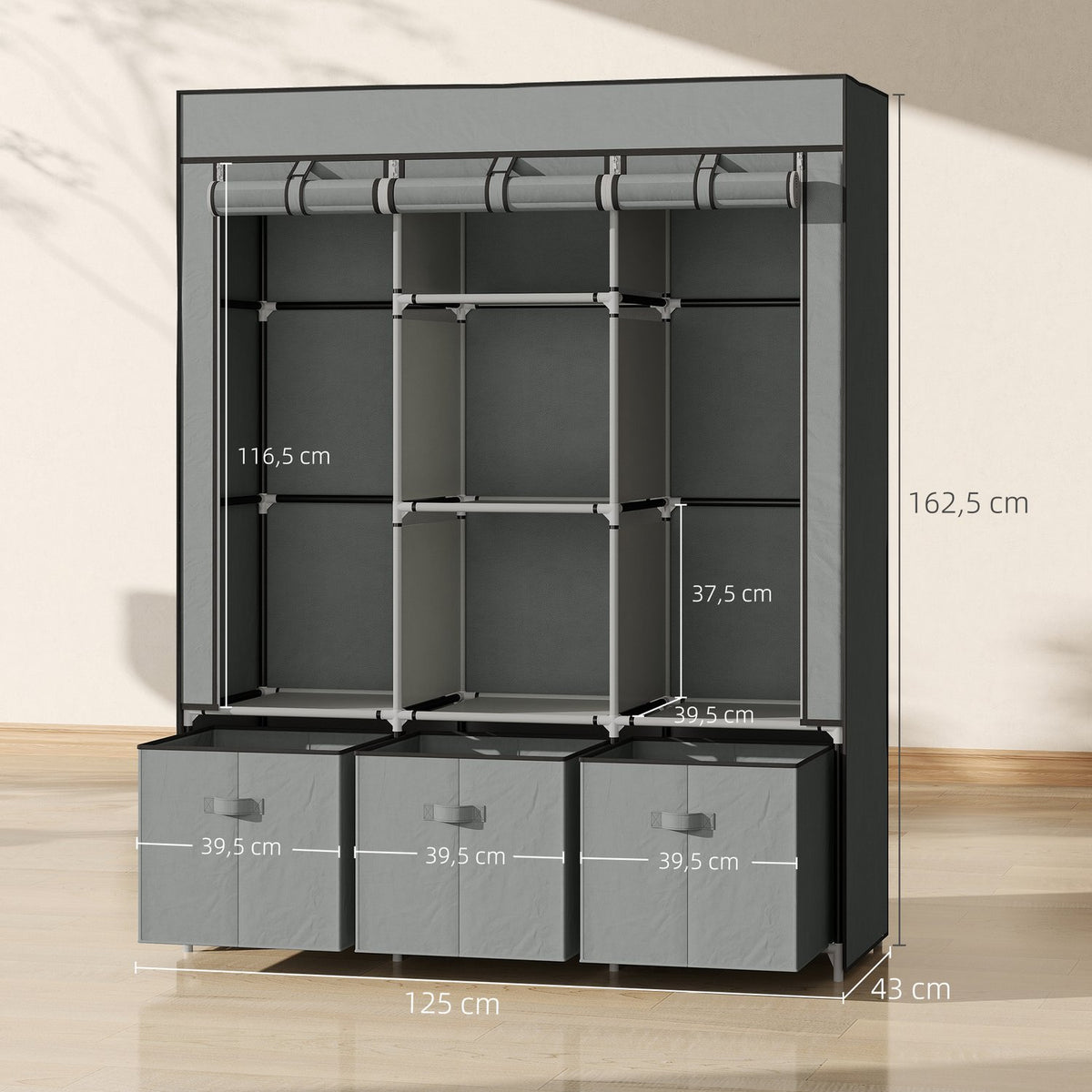 Fabric wardrobe made of fleece, folding wardrobe, including 3 drawers, 125 cm x 43 cm x 162.5 cm, light grey