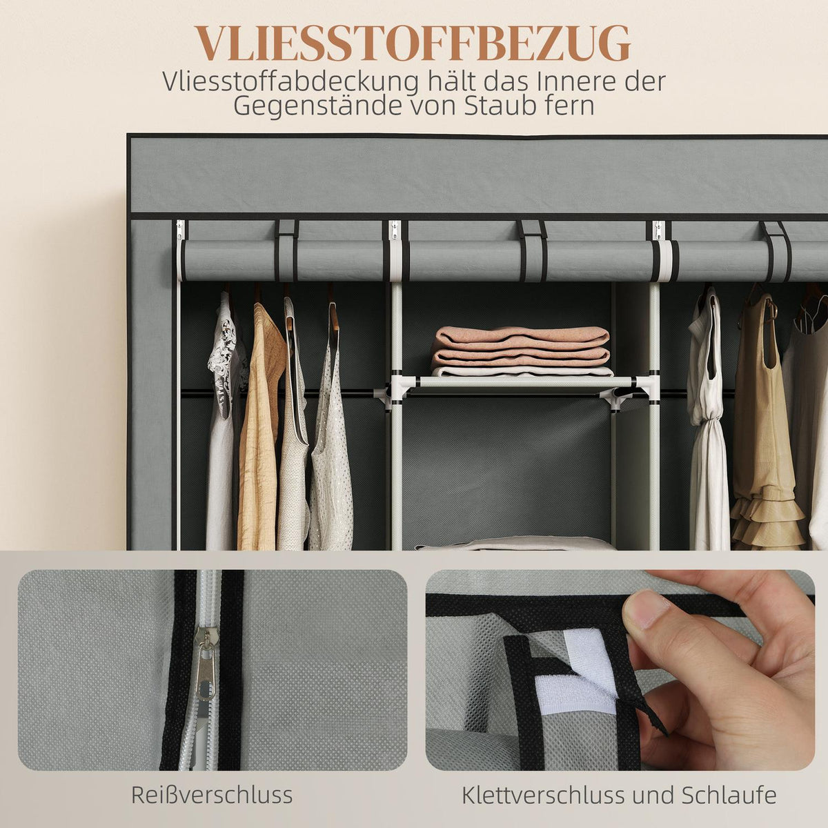 Fabric wardrobe made of fleece, folding wardrobe, including 3 drawers, 125 cm x 43 cm x 162.5 cm, light grey