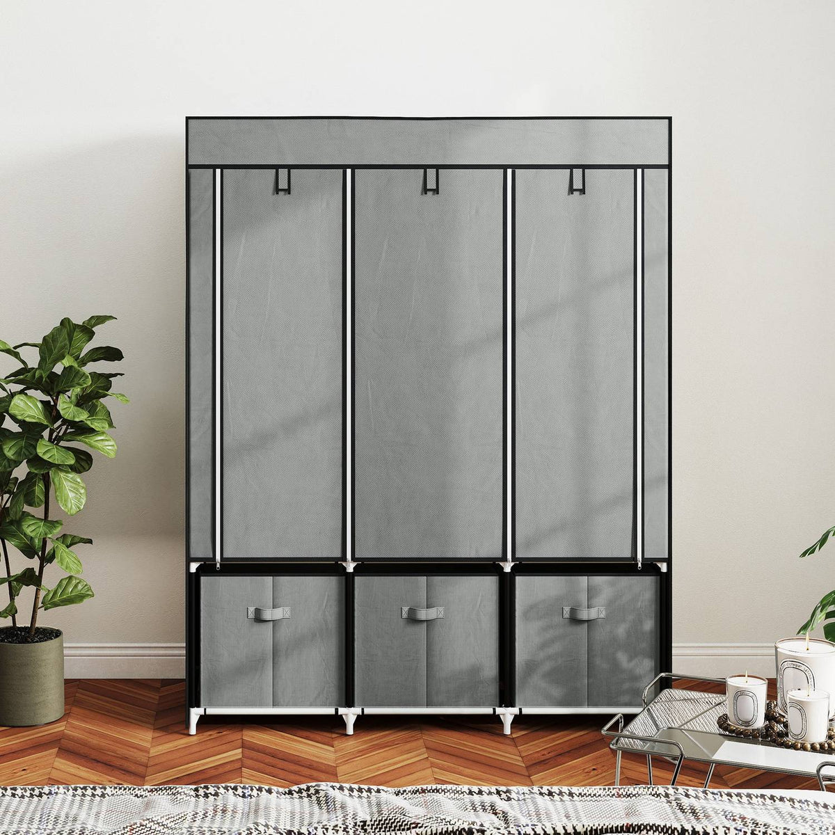 Fabric wardrobe made of fleece, folding wardrobe, including 3 drawers, 125 cm x 43 cm x 162.5 cm, light grey