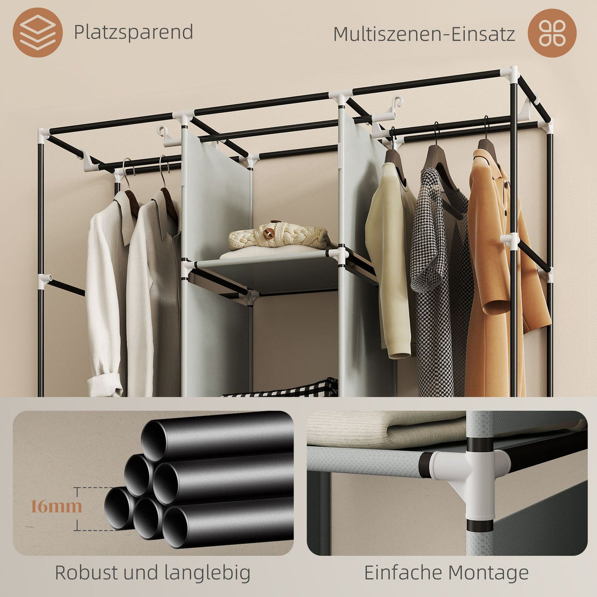 Fabric wardrobe made of fleece, folding wardrobe, including 3 drawers, 125 cm x 43 cm x 162.5 cm, light grey