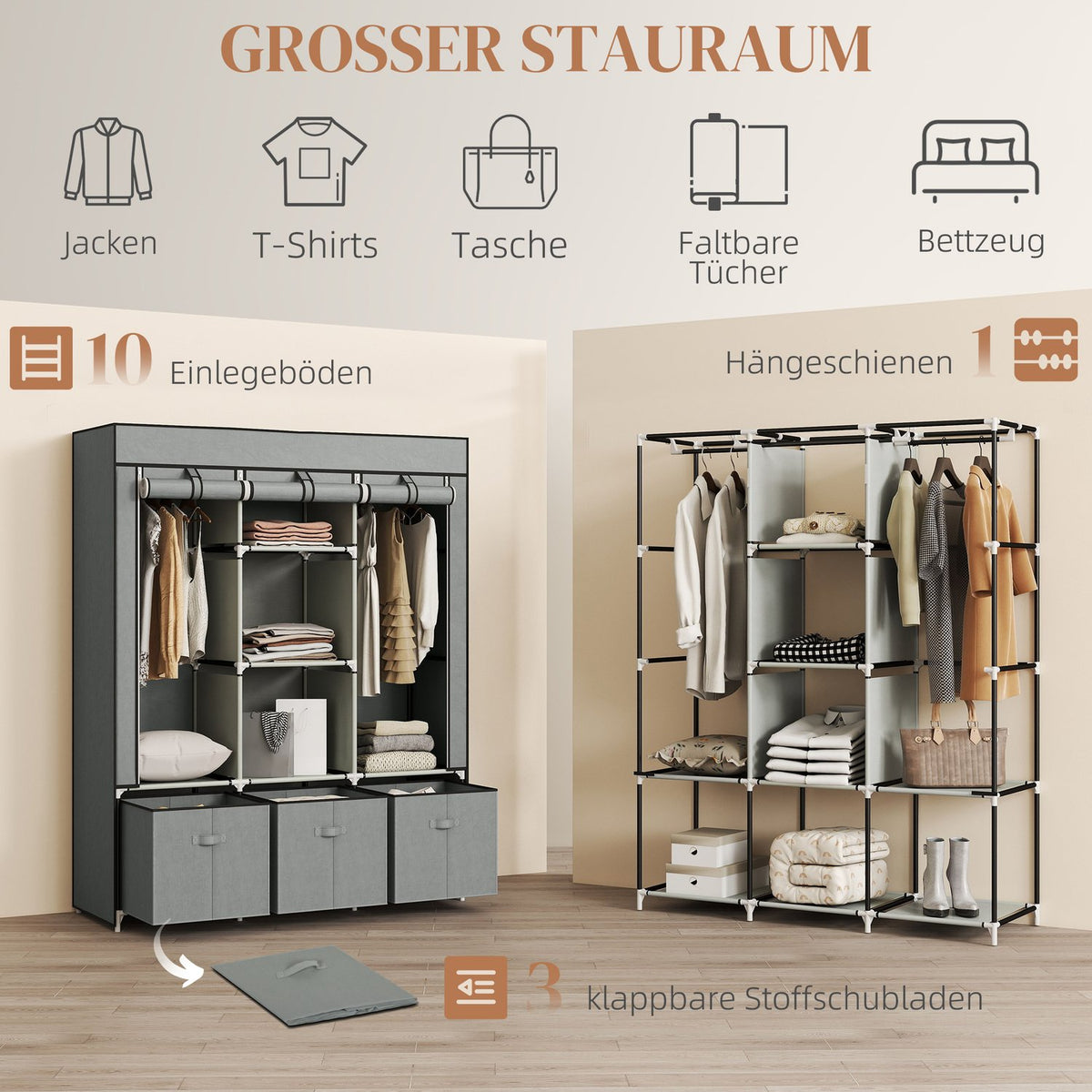 Fabric wardrobe made of fleece, folding wardrobe, including 3 drawers, 125 cm x 43 cm x 162.5 cm, light grey
