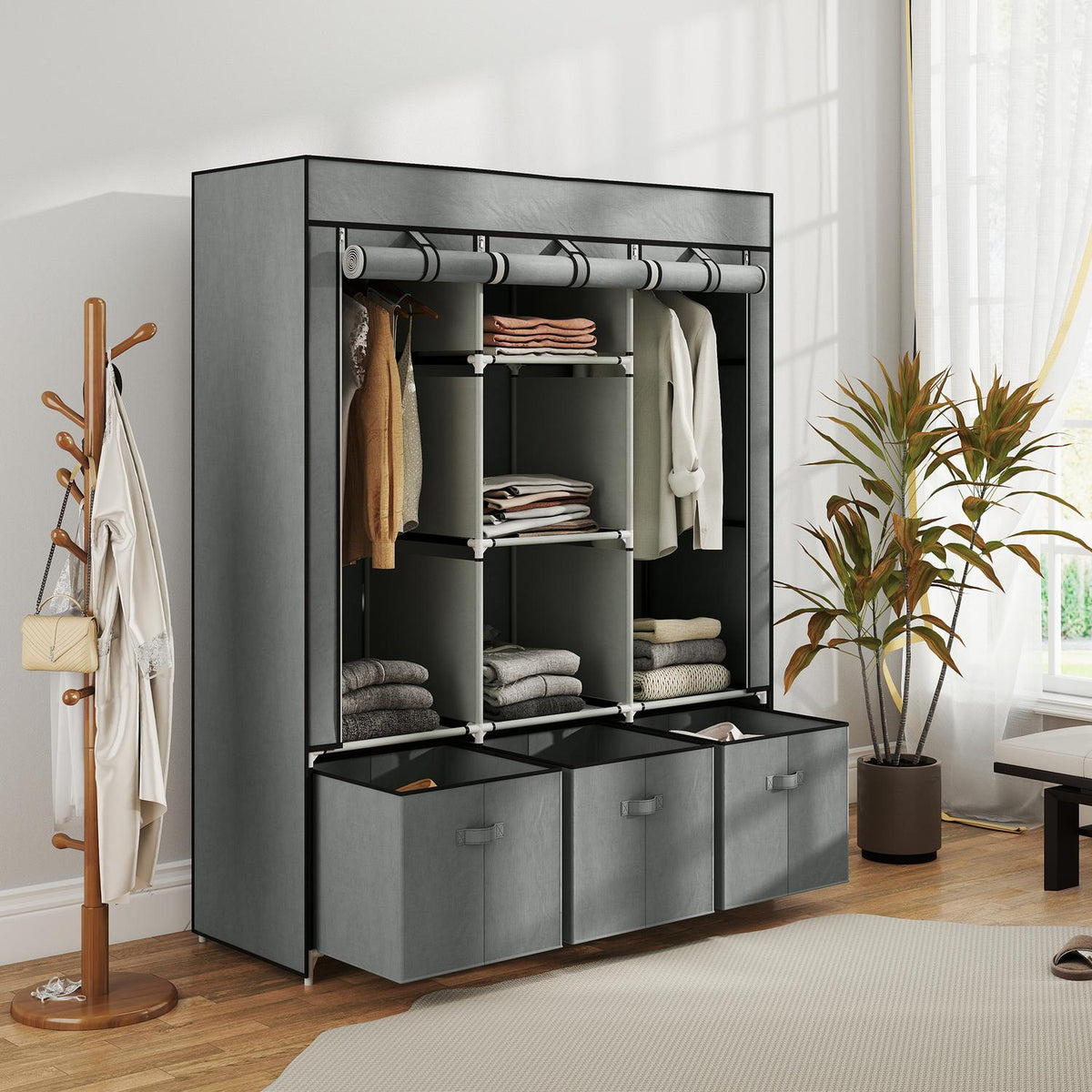 Fabric wardrobe made of fleece, folding wardrobe, including 3 drawers, 125 cm x 43 cm x 162.5 cm, light grey