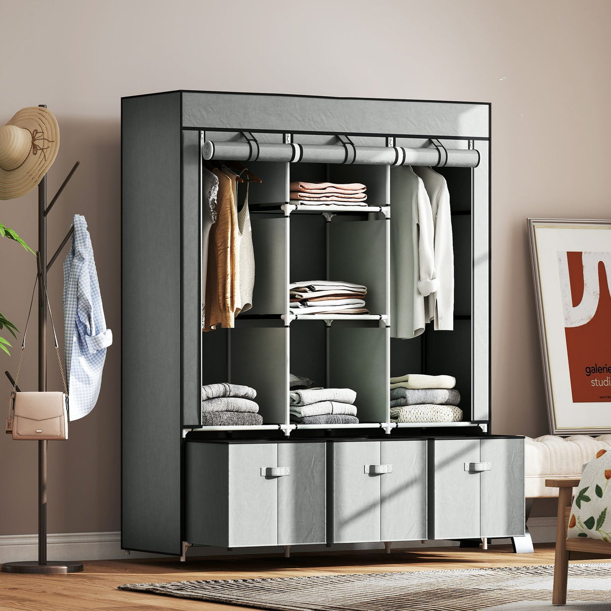 Fabric wardrobe made of fleece, folding wardrobe, including 3 drawers, 125 cm x 43 cm x 162.5 cm, light grey