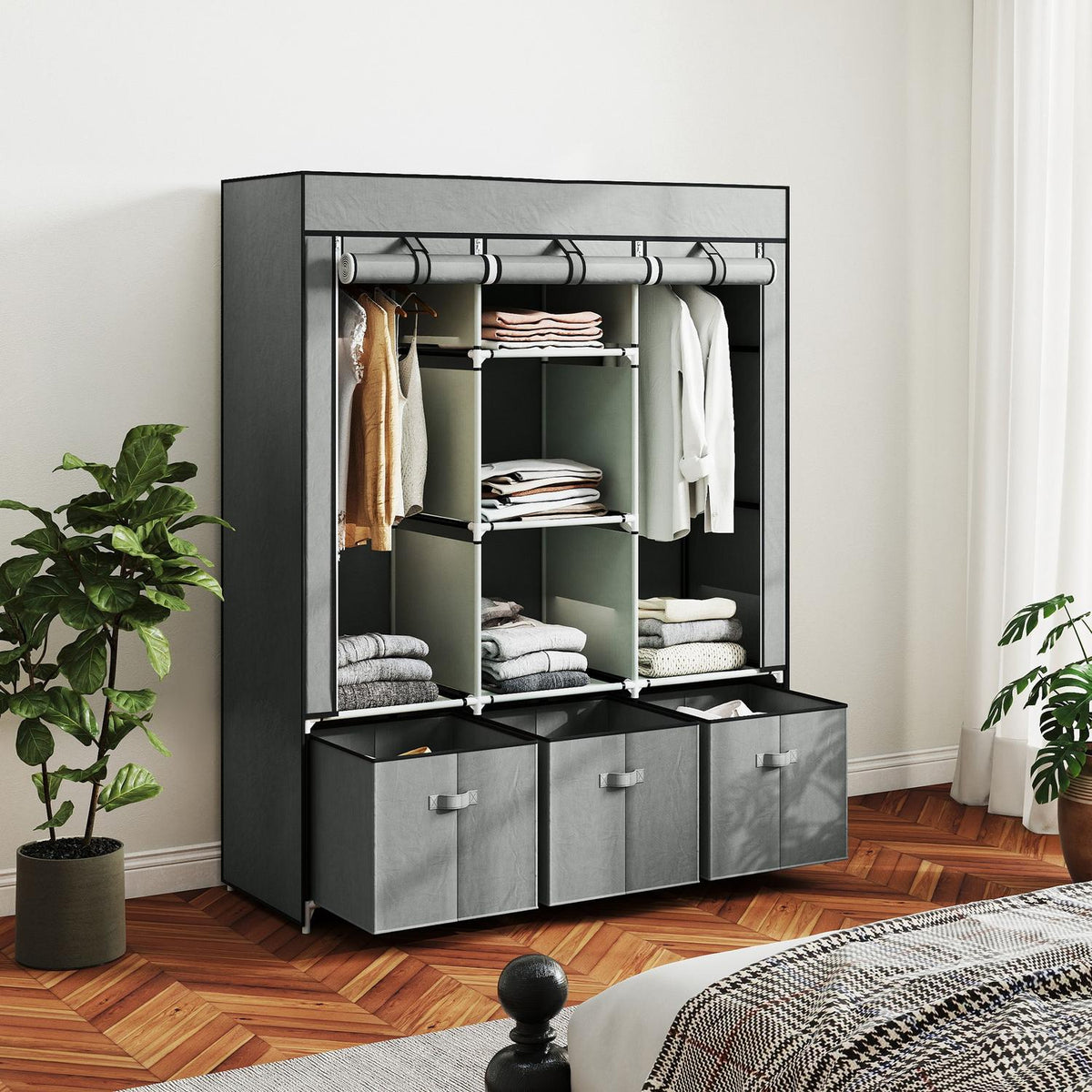 Fabric wardrobe made of fleece, folding wardrobe, including 3 drawers, 125 cm x 43 cm x 162.5 cm, light grey