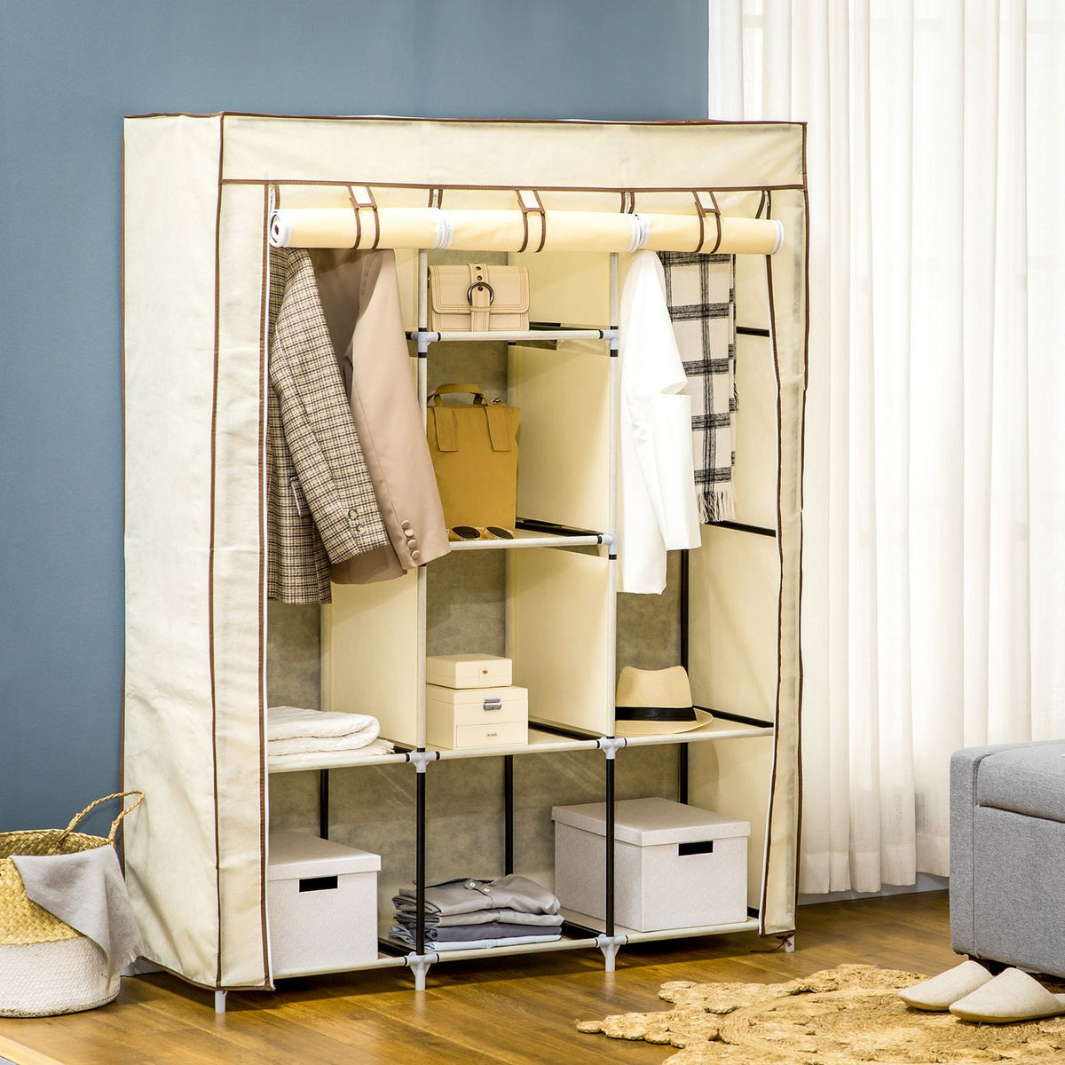 Fabric wardrobe, wardrobe with clothes rails, 8 levels, folding wardrobe, foldable wardrobe for bedroom, hallway, non-woven fabric, cream white, 125 x 43 x 162.5 cm