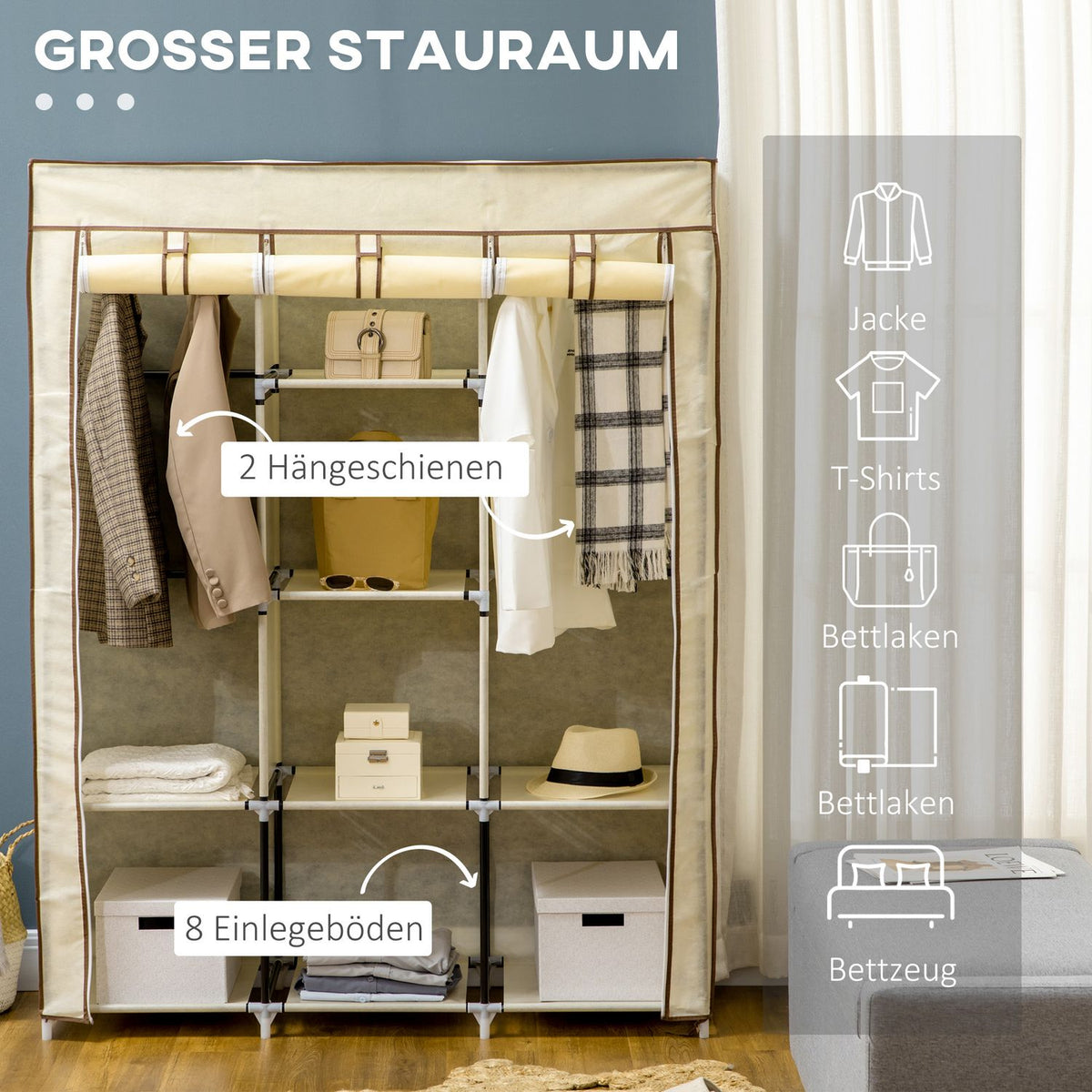 Fabric wardrobe, wardrobe with clothes rails, 8 levels, folding wardrobe, foldable wardrobe for bedroom, hallway, non-woven fabric, cream white, 125 x 43 x 162.5 cm