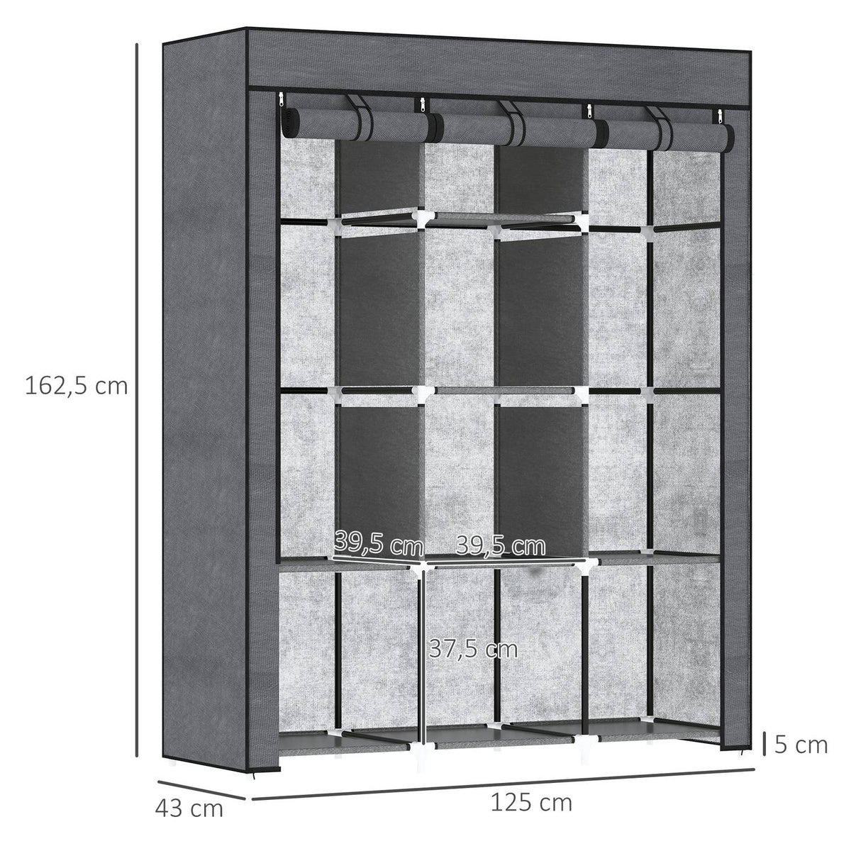 Fabric wardrobe, wardrobe with clothes rails, 8 levels, folding wardrobe, foldable wardrobe for bedroom, hallway, non-woven fabric, dark grey, 125 x 43 x 162.5 cm
