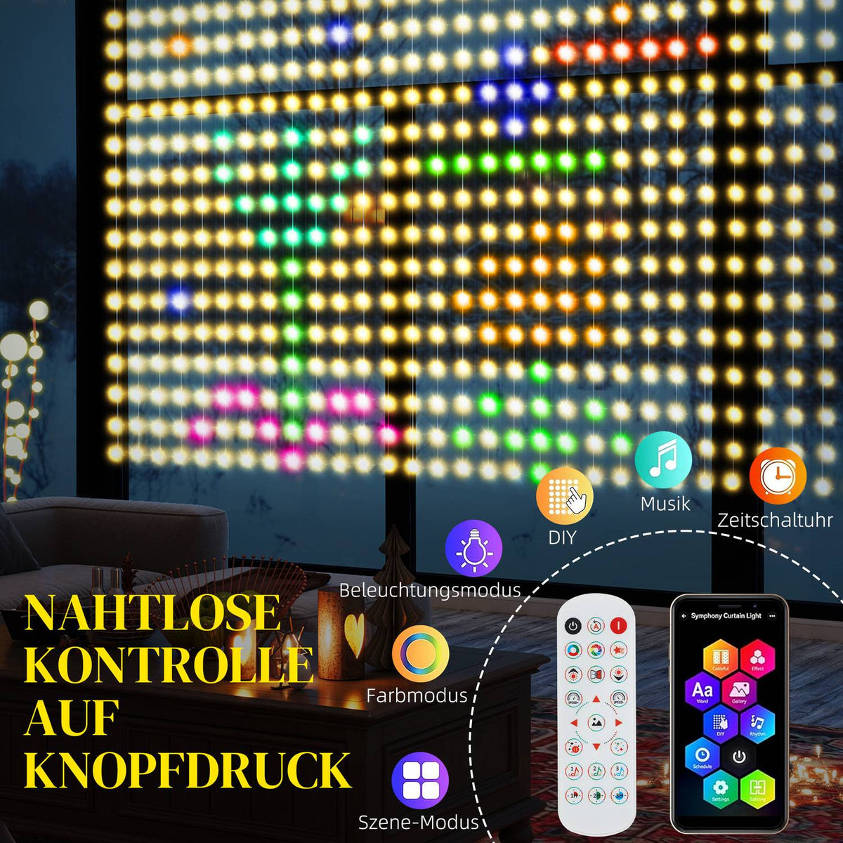 Fairy Lights 3×3m 400 LEDs Light Curtain with Adjustable Brightness Music Synchronization Scene Modes Timer Function Fairy Lights Curtain Indoor Outdoor IP44 for Wedding, Party, Christmas