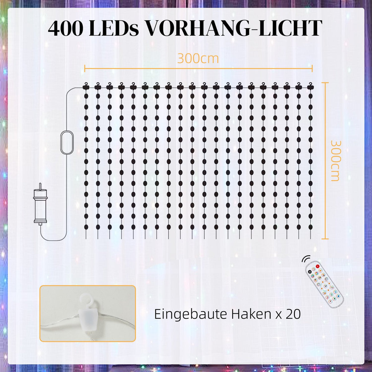 Fairy Lights 3×3m 400 LEDs Light Curtain with Adjustable Brightness Music Synchronization Scene Modes Timer Function Fairy Lights Curtain Indoor Outdoor IP44 for Wedding, Party, Christmas