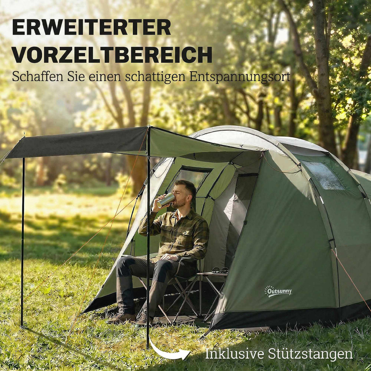 Family Camping Tent, 3-4 Person, 3000mm Waterproof, Green