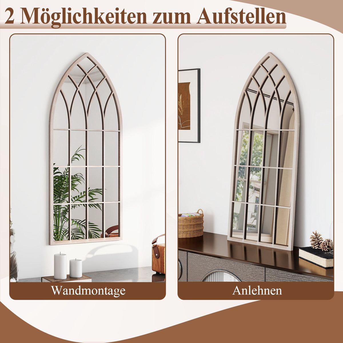 Farmhouse Arched Wall Mirror, Metal Frame, 115x50 cm, Gray
