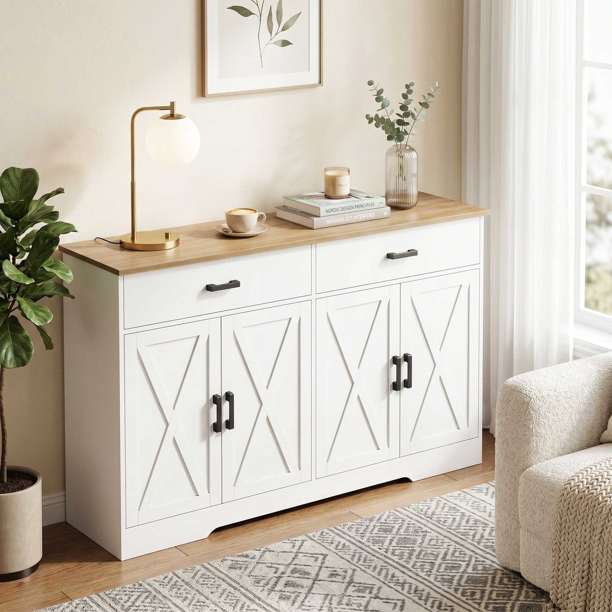 Farmhouse Sideboard Buffet, 140 cm, 2 Drawers, White