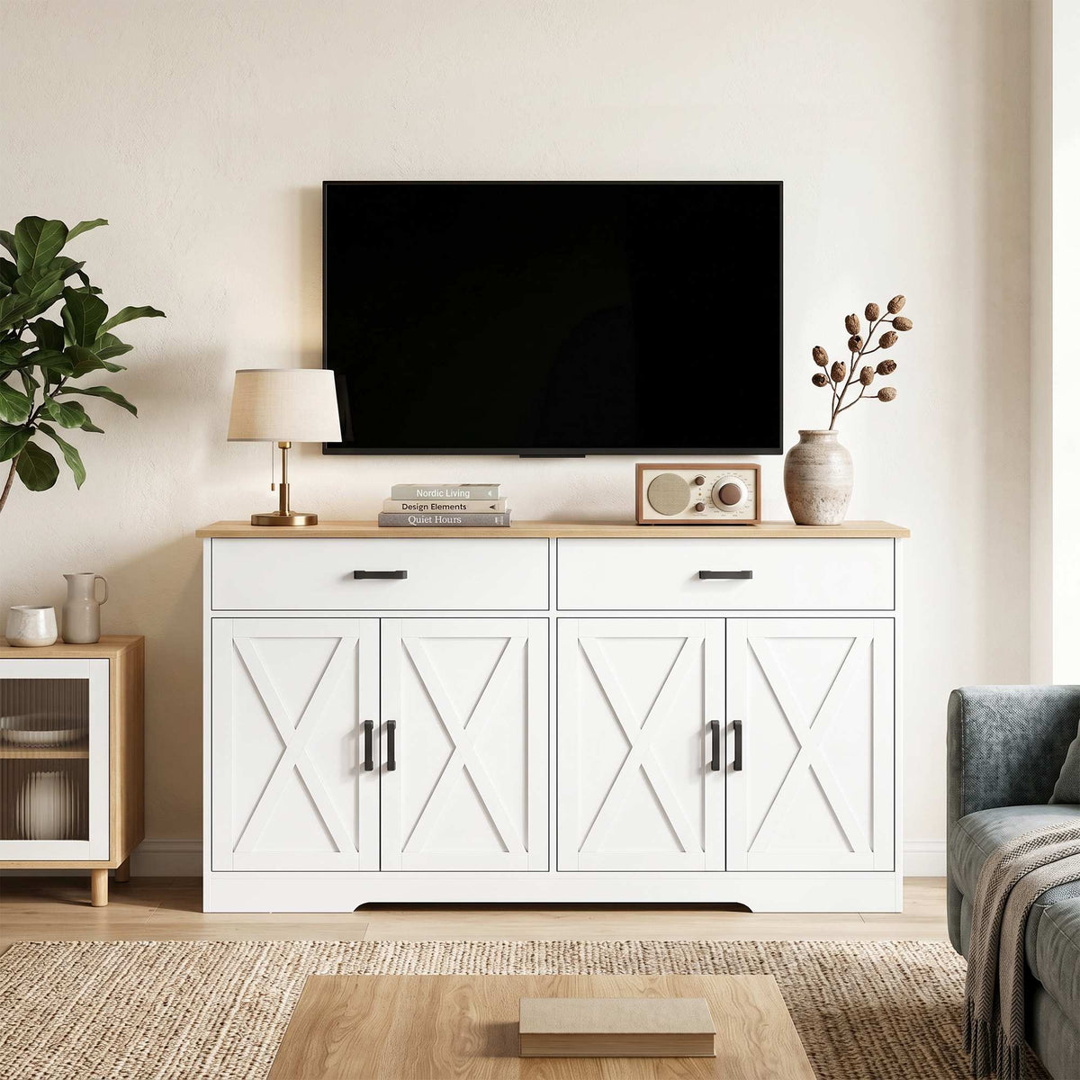 Farmhouse Sideboard Buffet, 140 cm, 2 Drawers, White