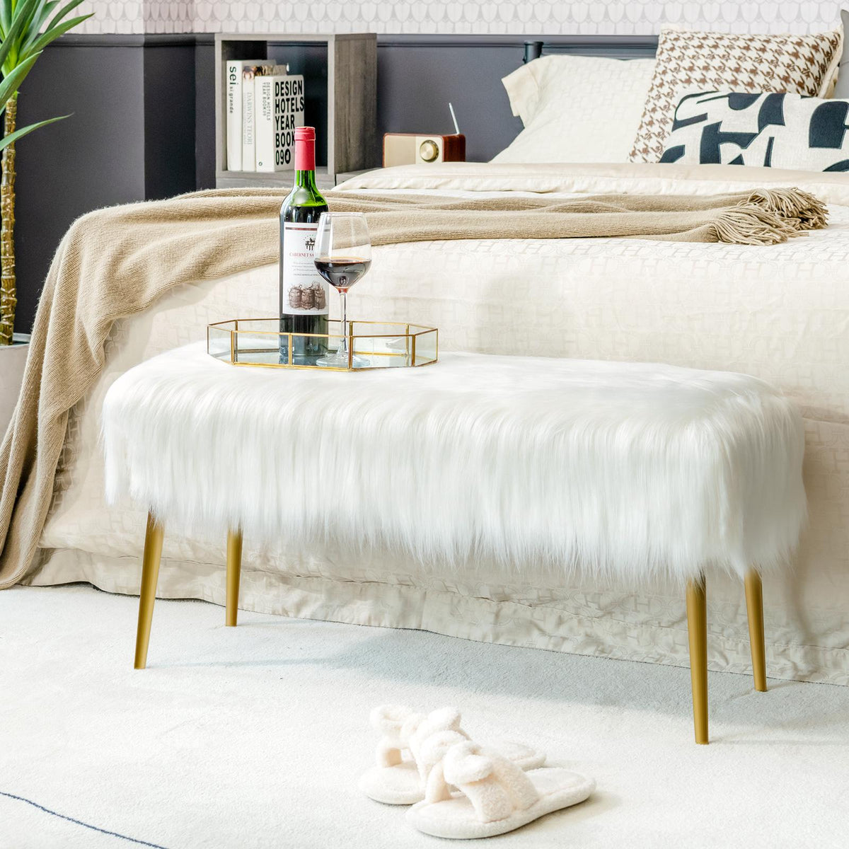Faux Fur Vanity Stool, Gold Metal Legs, White 91x35cm