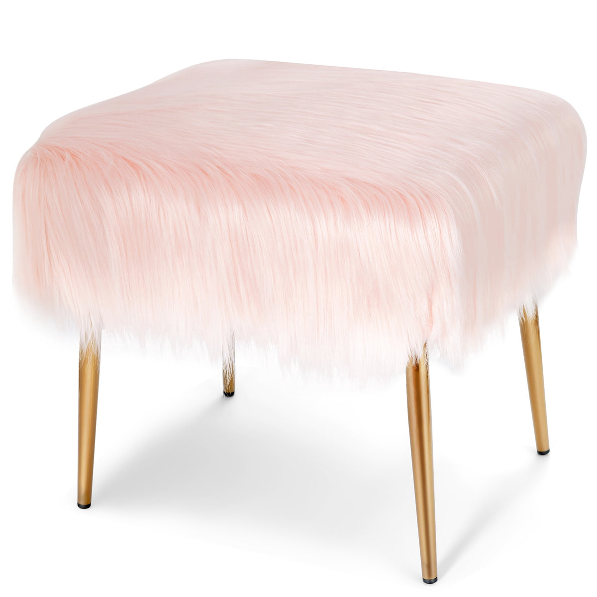 Faux Fur Vanity Stool, Square, Gold Metal Legs, Pink