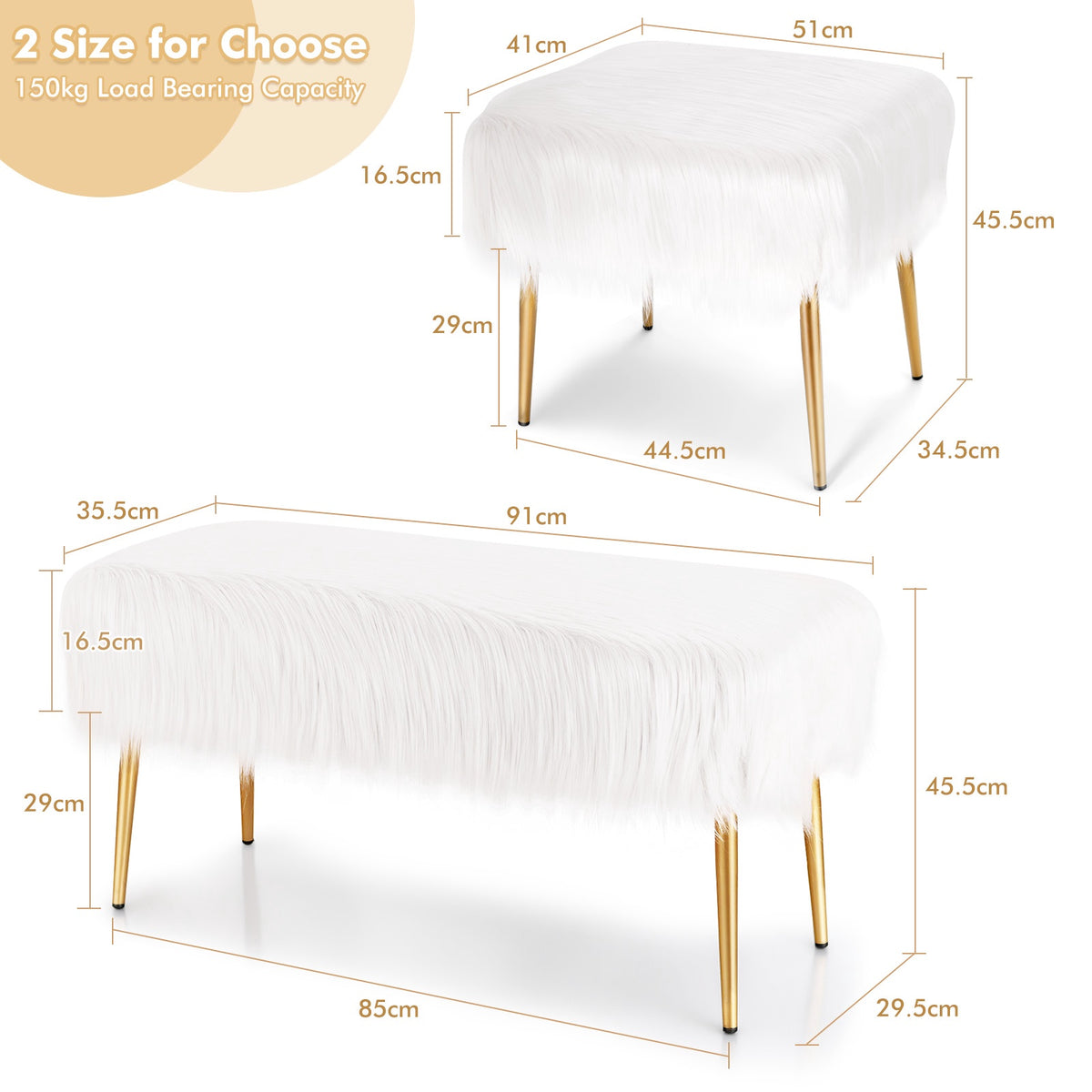 Faux Fur Vanity Stool, White, Gold Metal Legs