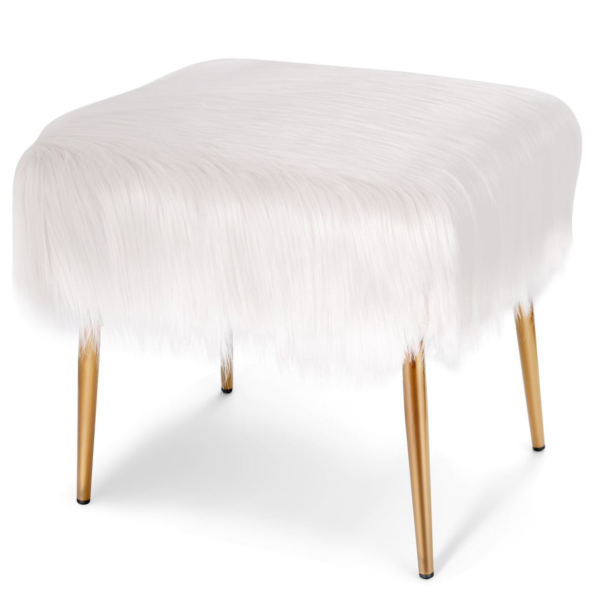 Faux Fur Vanity Stool, White, Gold Metal Legs