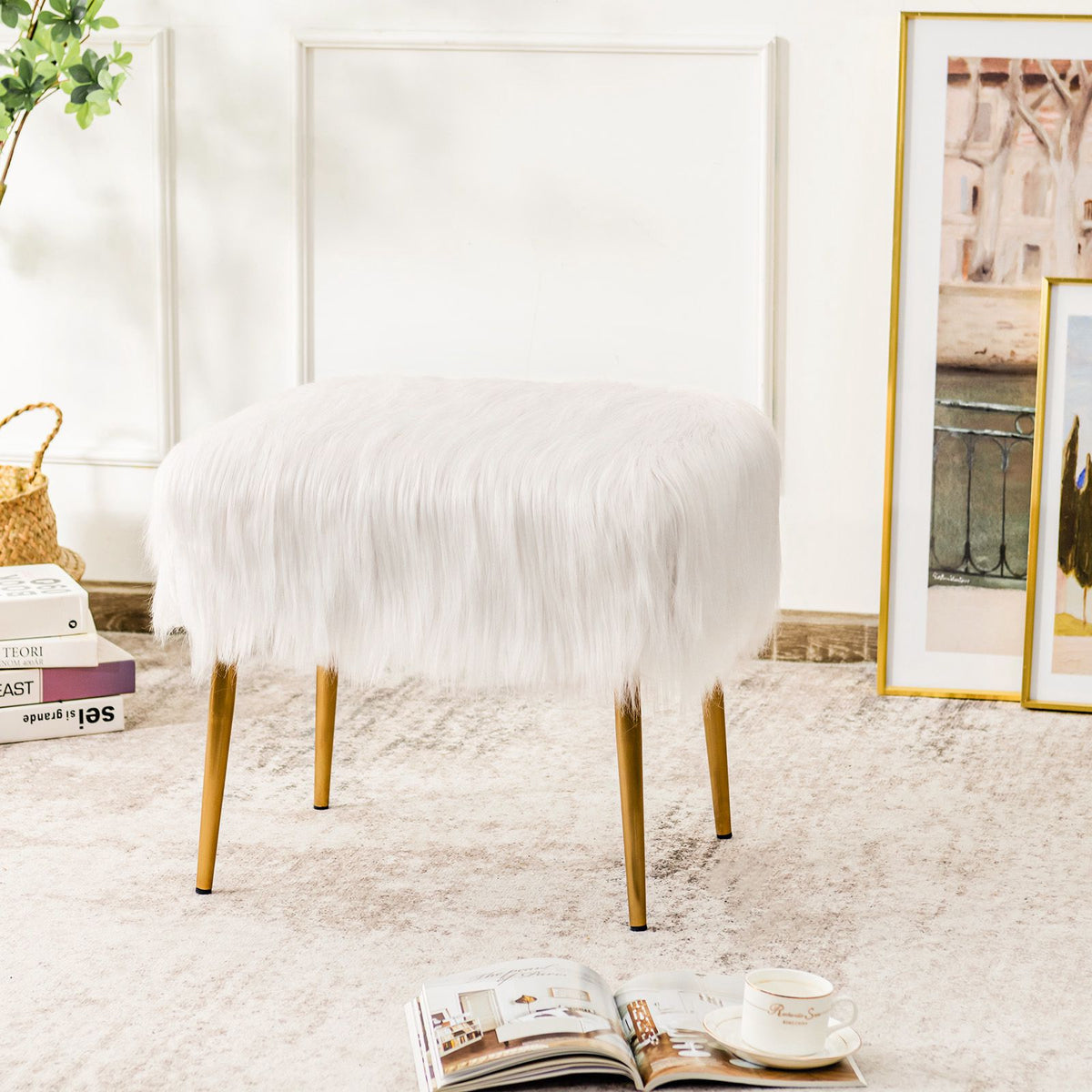 Faux Fur Vanity Stool, White, Gold Metal Legs