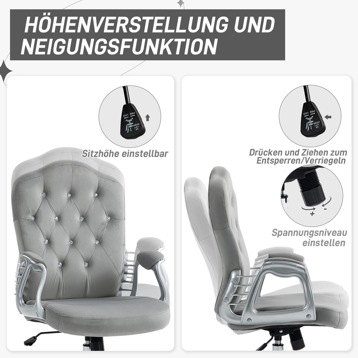 Faux leather office chair, ergonomic desk chair with rocker function, 360° rotatable, height adjustable, up to 120 kg, light gray
