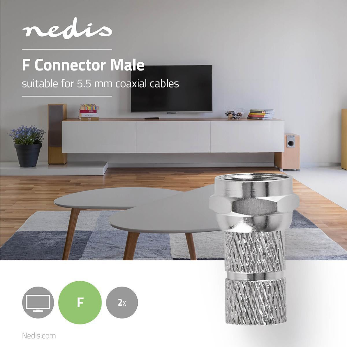 F connector | Straight | Male | Gold Plated | 75 Ohm | Twist-On | Cable input diameter: 5.5 mm | Copper | Metal | 2 pcs. | Cardboard box with window