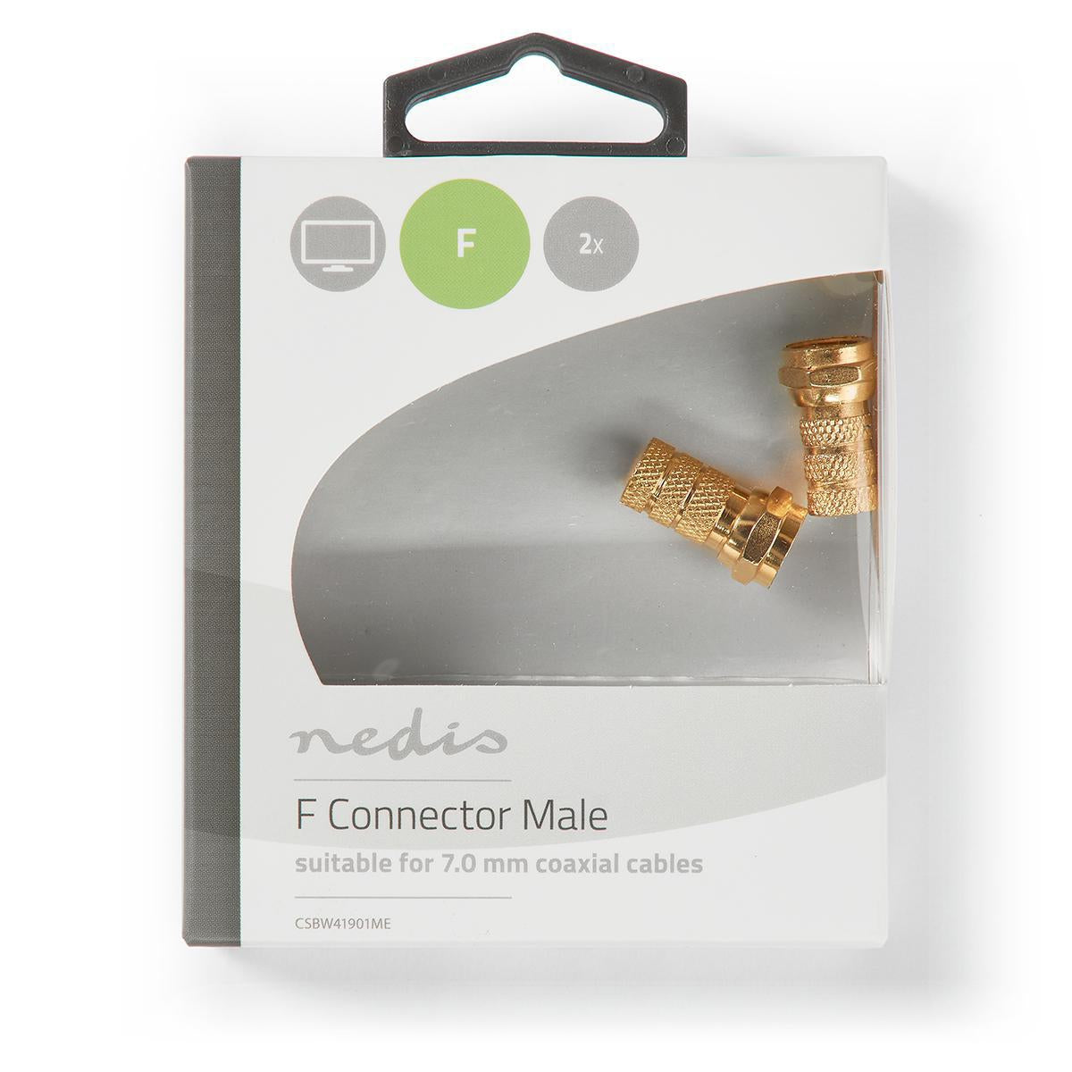 F connector | Straight | Male | Gold Plated | 75 Ohm | Twist-On | Cable input diameter: 7 mm | Copper | Metal | 2 pcs. | Cardboard box with window